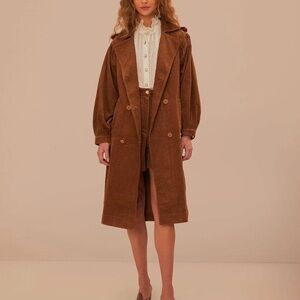 FARM Rio Brown Corduroy Double-Breasted Trench Coat